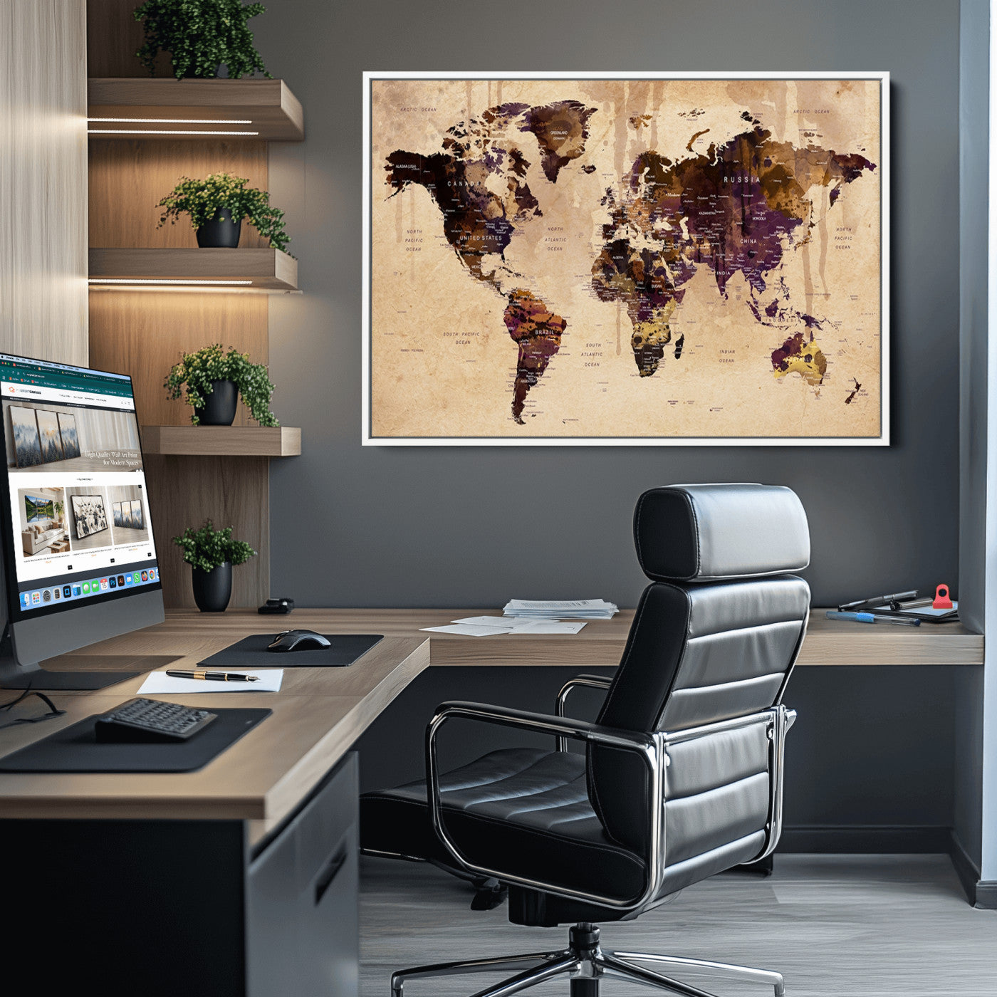 Push Pin World Map Canvas Print – Framed Wall Art for Couples to Track Their Travels – Anniversary Gift or Home Adventure Decor