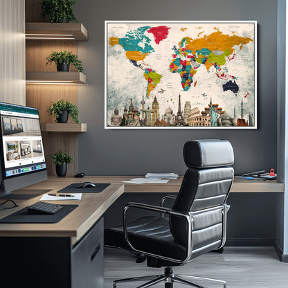 Push Pin World Map Canvas Print – Framed Wall Art for Couples to Track Their Travels – Anniversary Gift or Home Adventure Decor