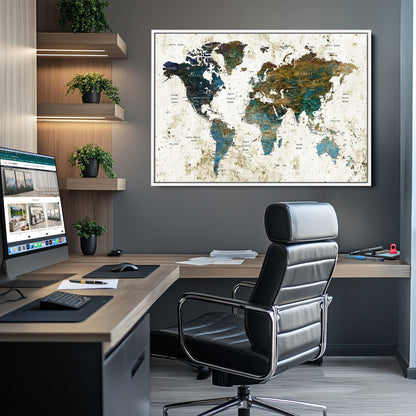 Vintage World Map Wall Art Canvas Print, Framed Rustic Earth Map Art Picture Print, Antique Map Perfect Rustic Vintage Decor Artwork