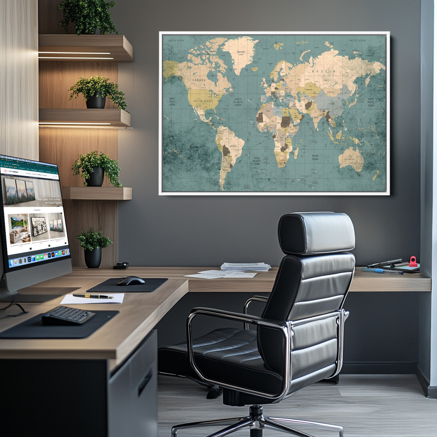 Classic World Map Wall Art Canvas Print, Framed Retro Map Art Picture Print, Vintage Atlas Perfect Rustic Explorer Decor Artwork