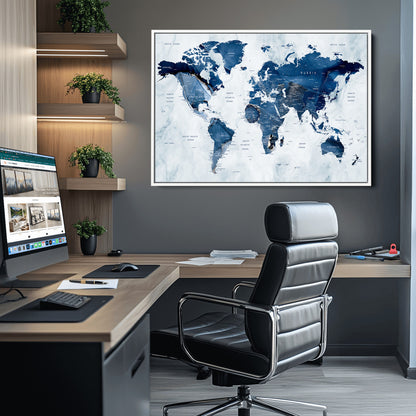 Push Pin World Map Canvas Print – Framed Wall Art for Couples to Track Their Travels – Anniversary Gift or Home Adventure Decor