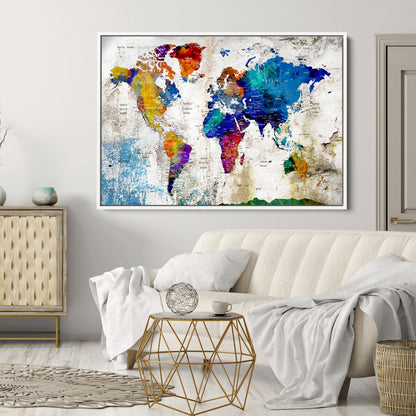 Push Pin World Map Canvas Print – Framed Wall Art for Couples to Track Their Travels – Anniversary Gift or Home Adventure Decor
