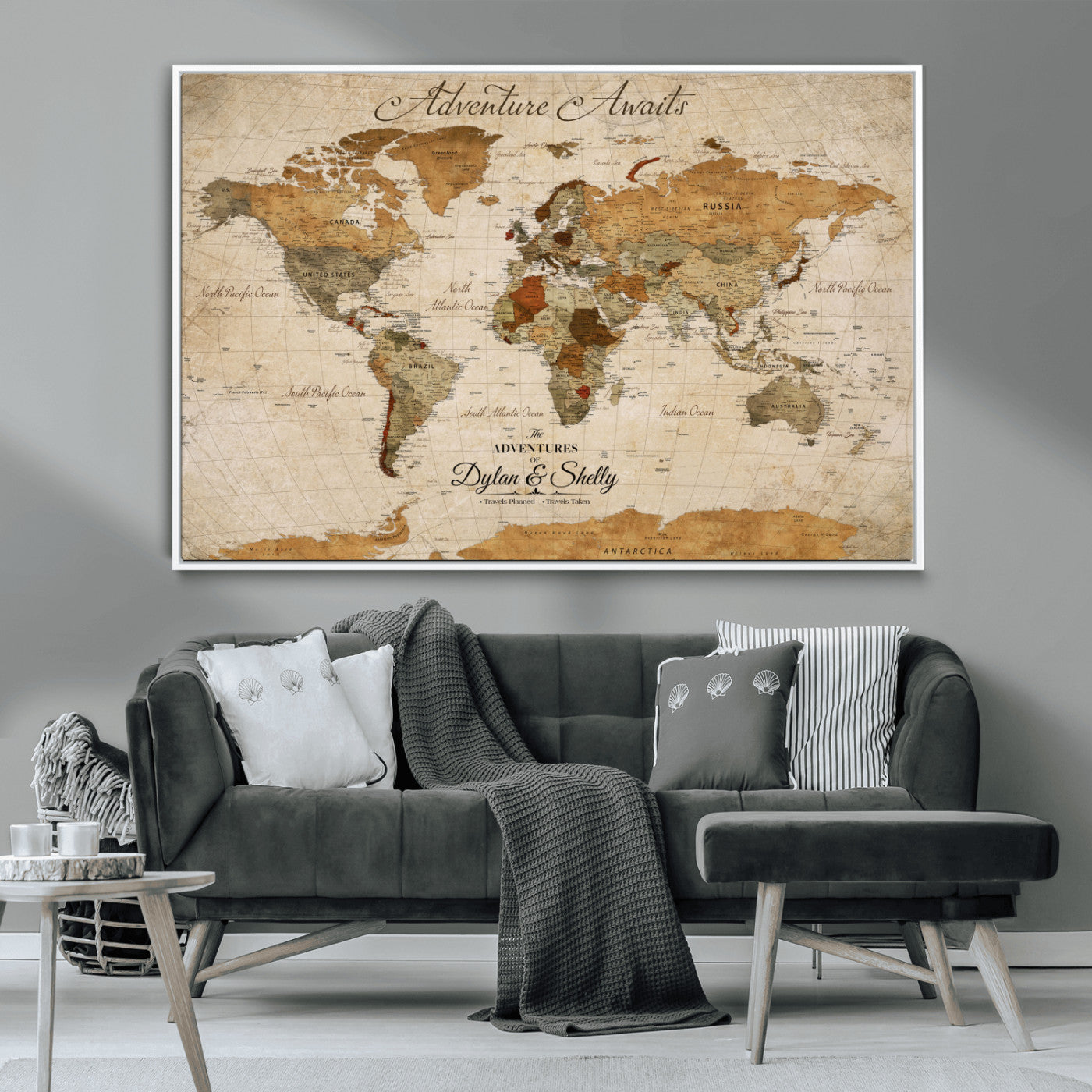 20810820-MGV-CV-30X20-Personalized World Map Print, Customizable Push Pin Framed World Map Print on Canvas - Custom Quote on Map Print