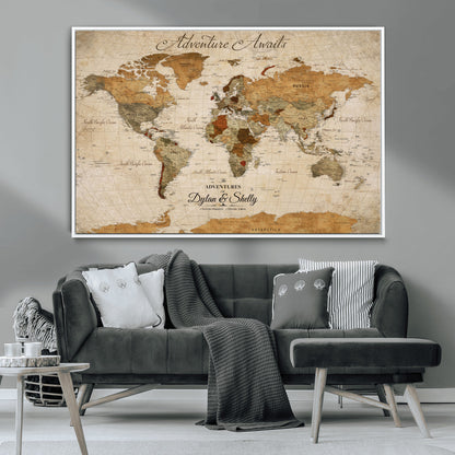 20810820-MGV-CV-30X20-Personalized World Map Print, Customizable Push Pin Framed World Map Print on Canvas - Custom Quote on Map Print