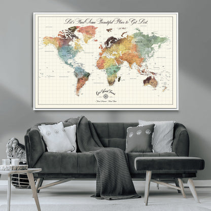 29289638-MGV-CV-36X24-Personalized World Map Print - Customizable Push Pin Framed World Map Print on Canvas - Custom Quote on Map Print