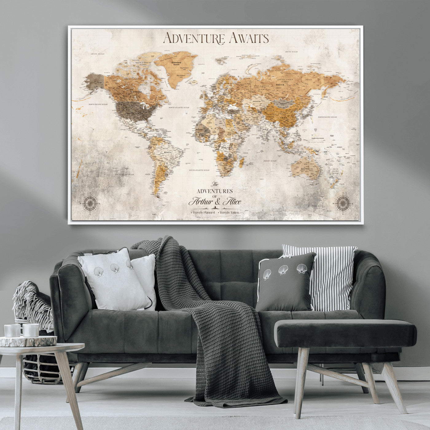 99422096-MGV-CV-30X20-Custom Push Pin World Map Wall Canvas Print – Personalized Travel Tracker with Pins – Framed Custom Quotie Canvas for Home Office Decor