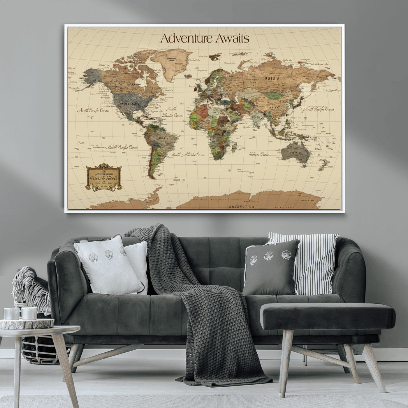74480507-MGV-CV-36X24-Custom Push Pin World Map Wall Canvas Print – Personalized Travel Tracker with Pins – Framed Custom Quotie Canvas for Home Office Decoration