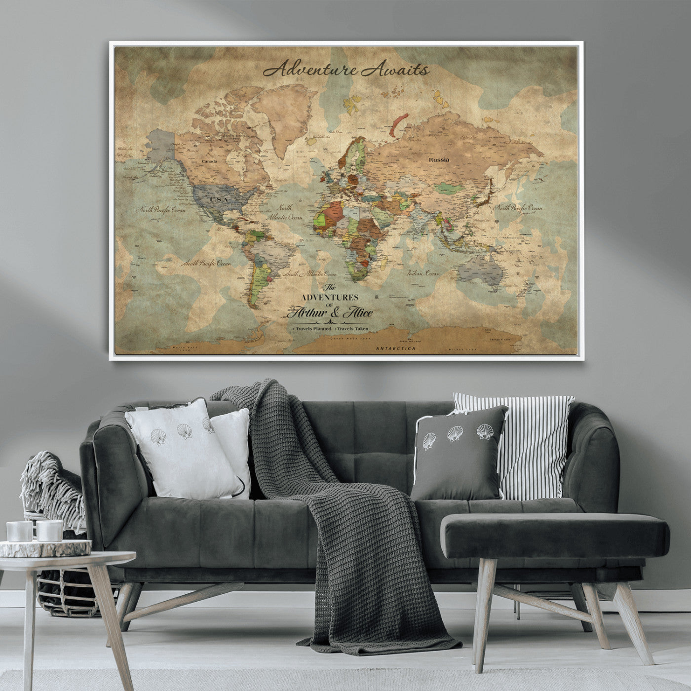 60798273-MGV-CV-30X20-Custom Push Pin World Map Wall Canvas Print – Personalized Travel Tracker with Pins – Framed Custom Quotie Canvas for Home Office Decor