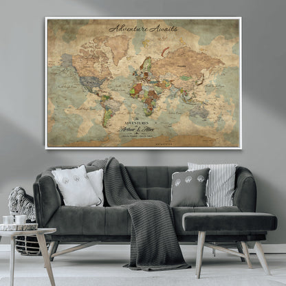 60798273-MGV-CV-30X20-Custom Push Pin World Map Wall Canvas Print – Personalized Travel Tracker with Pins – Framed Custom Quotie Canvas for Home Office Decor