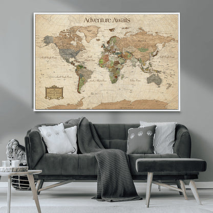 33020399-MGV-CV-30X20-Custom Push Pin World Map Wall Canvas Print – Personalized Travel Tracker with Pins – Framed Custom Quotie Canvas for Home Office Decor
