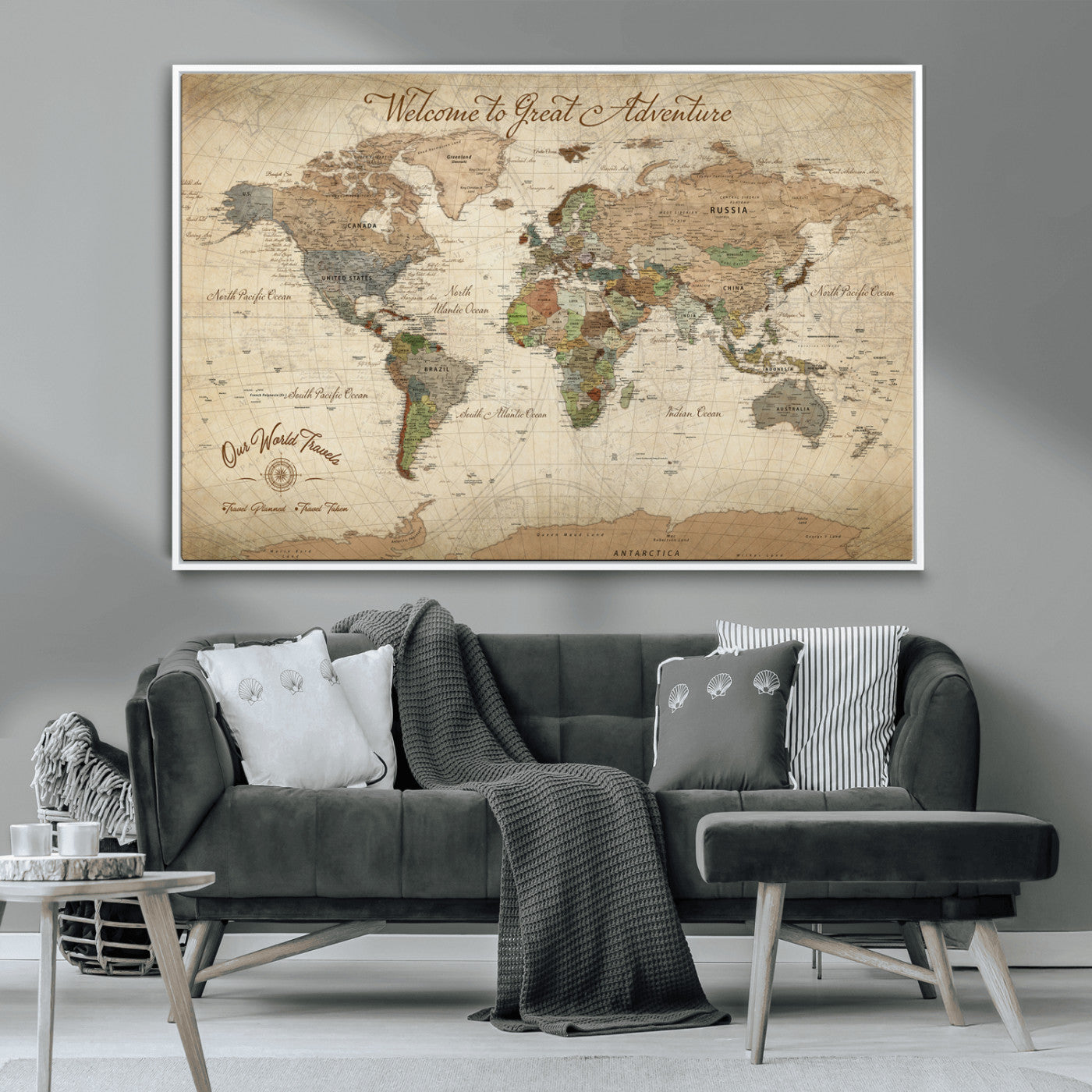 76478536-MGV-CV-30X20-Custom Push Pin World Map Wall Canvas Print – Personalized Travel Tracker with Pins – Framed Custom Quotie Canvas for Home Office Decor