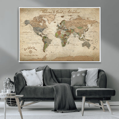 76478536-MGV-CV-30X20-Custom Push Pin World Map Wall Canvas Print – Personalized Travel Tracker with Pins – Framed Custom Quotie Canvas for Home Office Decor