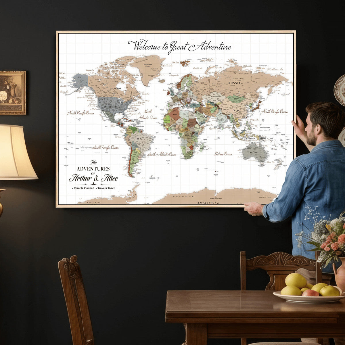 85396539-MGV-CV-36X24 - Custom Beige Push Pin World Map Wall Art, Bucket List Map, Study and Hallway Decor