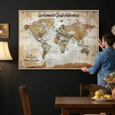 Personalized Beige Push Pin World Map Wall Art, Bucket List Map, Living Room and Family Room Decor