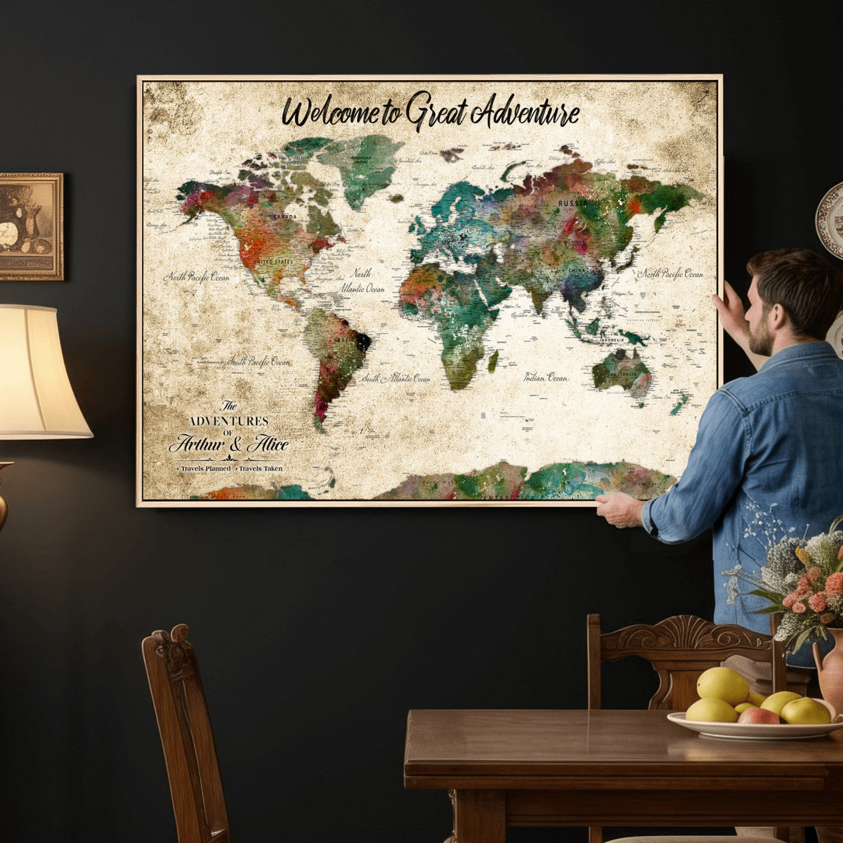 Personalized Beige Grunge World Map Canvas with Push Pins, Next Trip Planner Map, Family Room and Home Office Decor