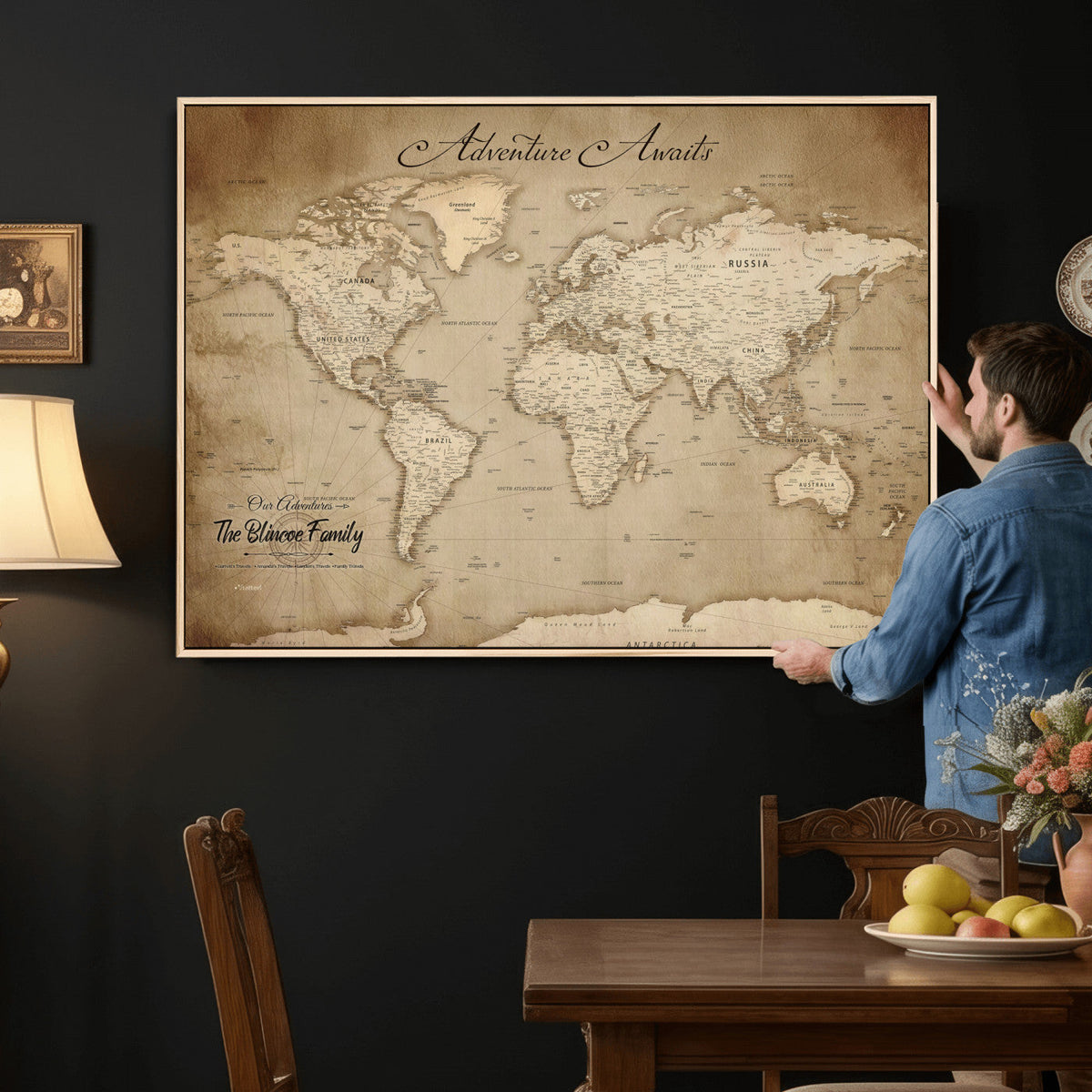 Personalized Black Modern Push Pin World Map Wall Art, Places Visited Tracker, Family Room and Bedroom Decor