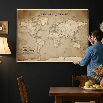 Personalized Black Modern Push Pin World Map Wall Art, Places Visited Tracker, Family Room and Bedroom Decor
