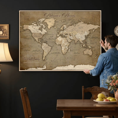 Custom Beige Modern Push Pin World Map Canvas Print, Family Travel Tracker, Dining Room and Home Office Decor