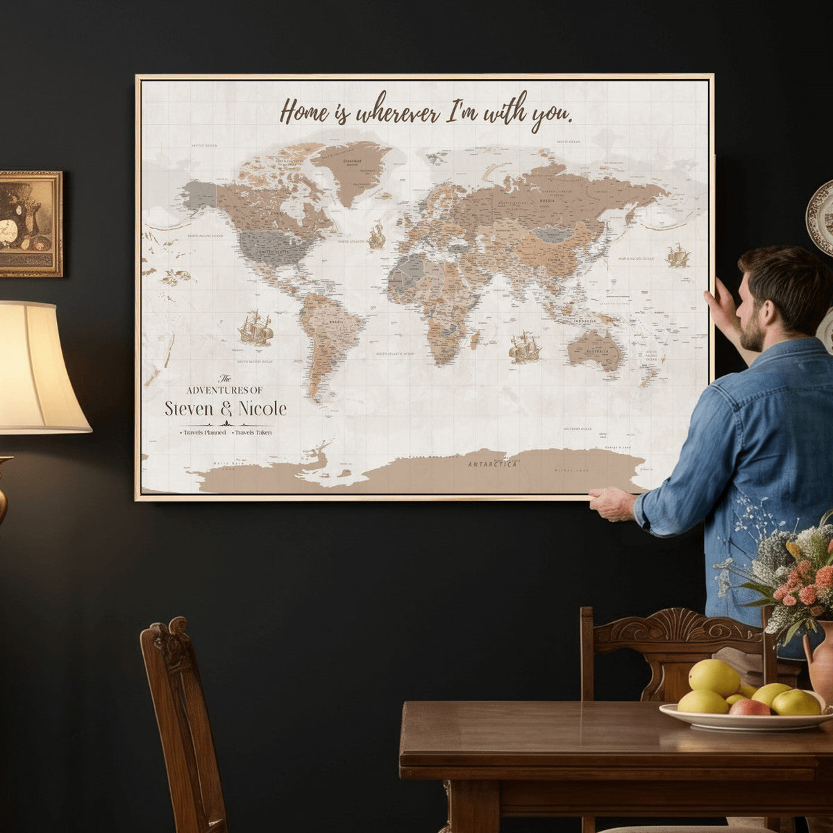 25831578-MGV-CV-36X24 - Custom Push Pin World Map Wall Art Canvas Print | Personalized Travel Tracker with Pins Framed Large for Home and Office Decor