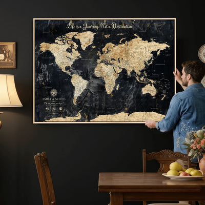 Personalized Framed Navy Modern Push Pin World Map Canvas Print, Couples Countries Visited Map, Family Room and Study Decor