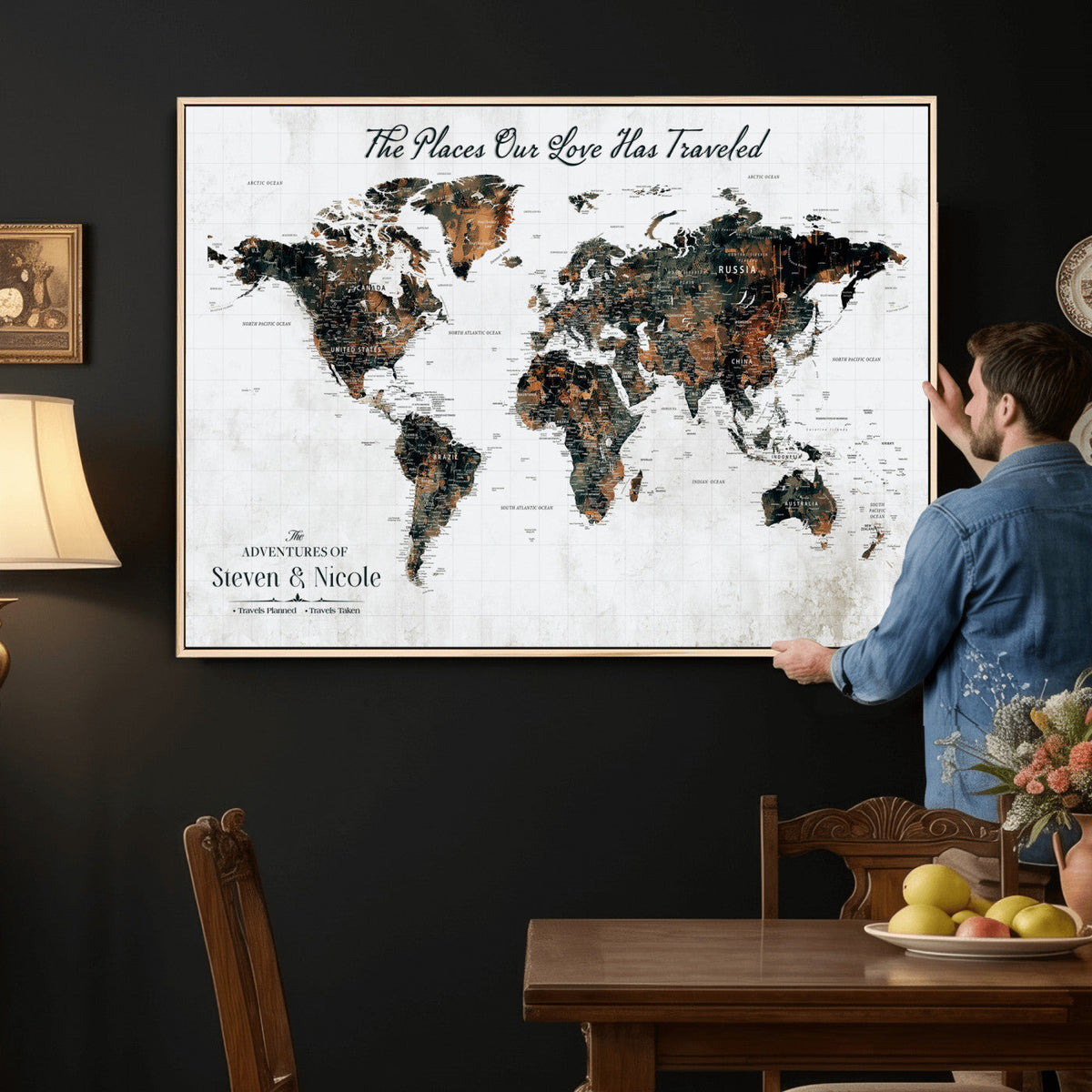 Personalized Beige Push Pin World Map Canvas Print, Honeymoon and Anniversary Gift, Living Room and Dining Room Decor