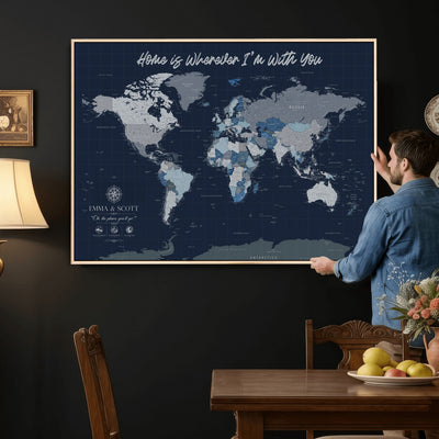 NEWMAP-18-MGV-CV-36X24 - Custom Push Pin World Map Wall Art Canvas Print | Personalized Travel Tracker with Pins Framed Large Print - NEWMAP-18