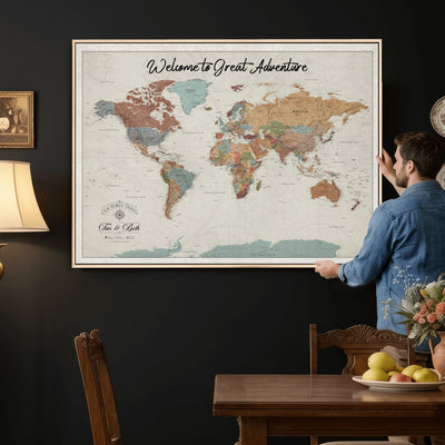Custom Beige Push Pin World Map Canvas Print, Bucket List Map, Dining Room and Home Office Decor