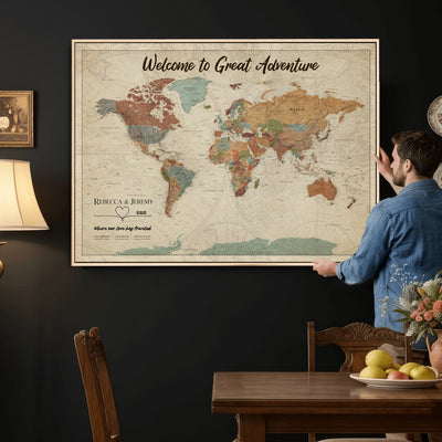 Large Personalized Beige Minimalist Push Pin World Map Wall Art, Next Trip Planner Map, Bedroom and Home Office Decor