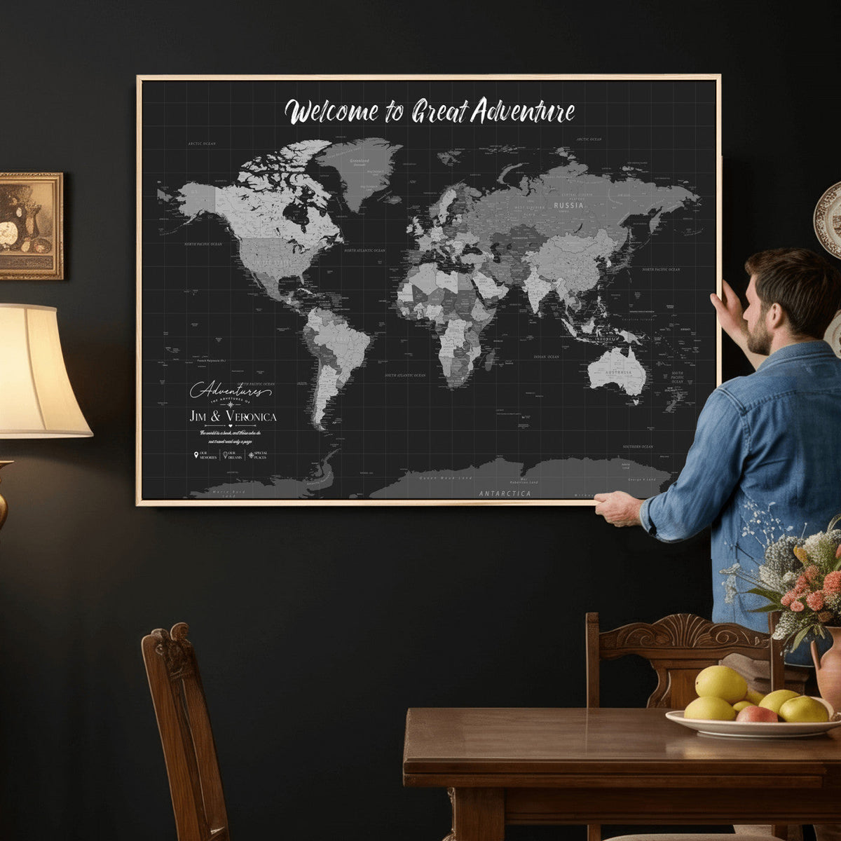 Custom Framed Navy Vintage World Map Canvas with Push Pins, Next Trip Planner Map, Entryway and Hallway Decor
