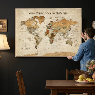 Personalized Framed Black Modern Push Pin World Map Wall Art, Couples Countries Visited Map, Dining Room and Hallway Decor
