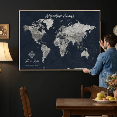 Personalized Framed Beige Vintage Push Pin World Map Wall Art, Bucket List Map, Study and Hallway Decor