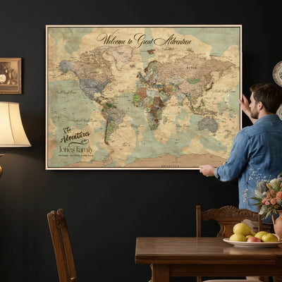Personalized Framed Navy Vintage Push Pin World Map Wall Art, Places Visited Tracker, Bedroom and Hallway Decor