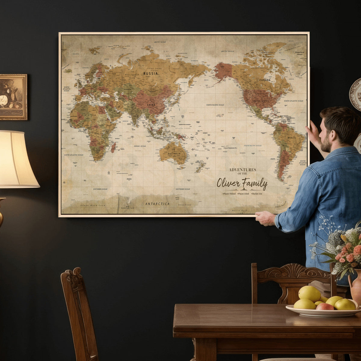 Personalized Framed Navy Modern World Map Canvas with Push Pins, Bucket List Map, Living Room and Entryway Decor