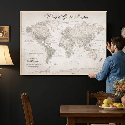 84311132-MGV-CV-36X24 - Personalized Beige World Map Canvas with Push Pins, Places Visited Tracker, Family Room and Entryway Decor