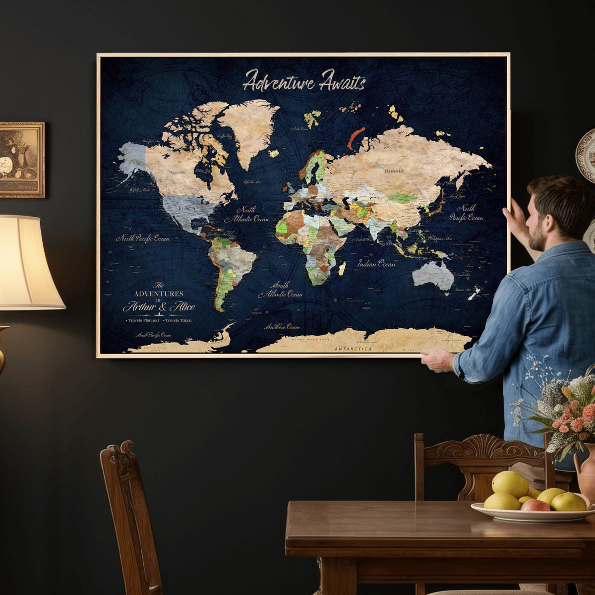 Personalized Beige Antique Push Pin Travel Map Canvas Print, Bucket List Map, Dining Room and Entryway Decor