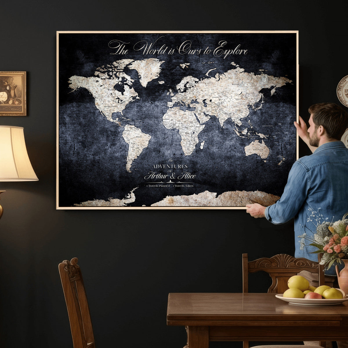 Personalized Beige Modern Push Pin Travel Map Canvas Print, Places Visited Tracker, Study and Entryway Decor