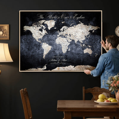 Personalized Beige Modern Push Pin Travel Map Canvas Print, Places Visited Tracker, Study and Entryway Decor