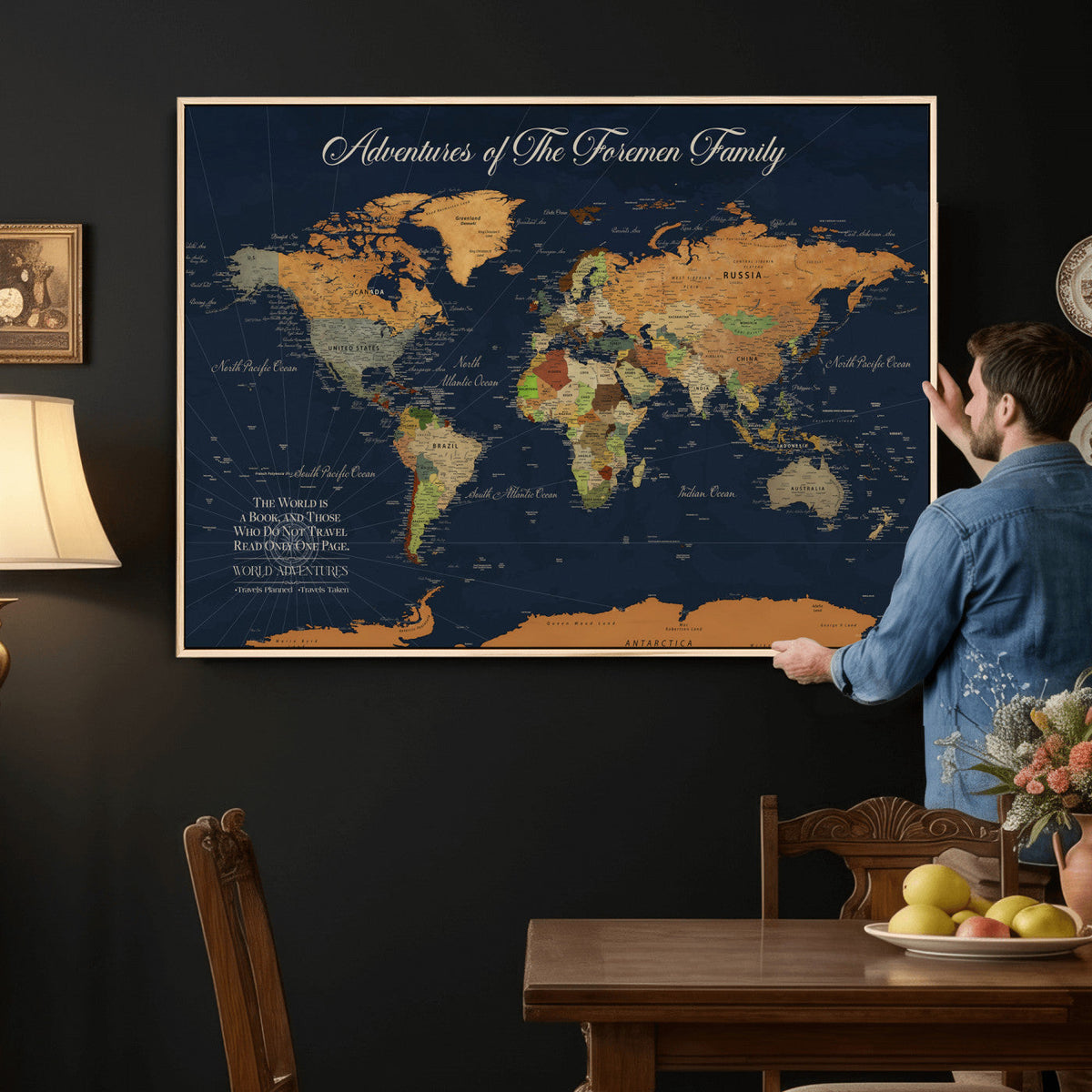 84352304-MGV-CV-36X24 - Custom Push Pin Travel Map Canvas Print, Honeymoon and Anniversary Gift, Living Room and Dining Room Decor