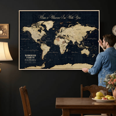 Personalized Framed Beige Geometric Push Pin World Map Wall Art, Couples Countries Visited Map, Bedroom and Hallway Decor