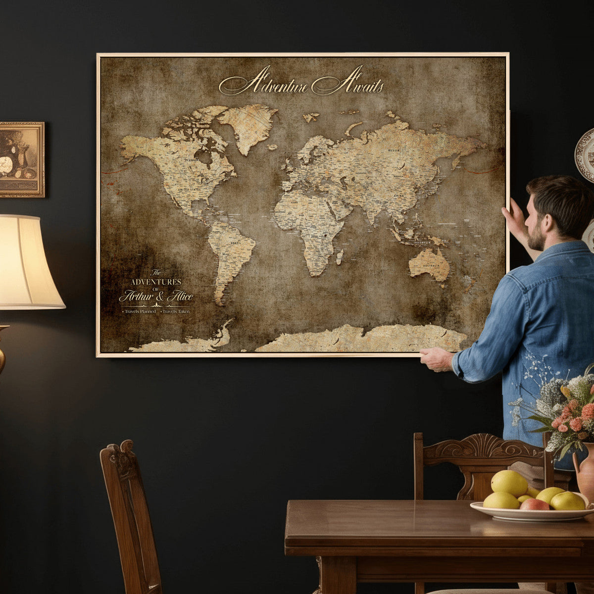 Personalized Framed Beige Push Pin Travel Map Canvas Print, Bucket List Map, Bedroom and Study Decor