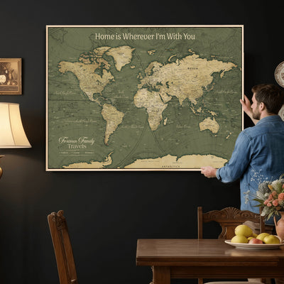 31715895-MGV-CV-36X24 - Custom Push Pin World Map Wall Art Canvas Print | Personalized Travel Tracker with Pins Framed Large for Home and Office Decor