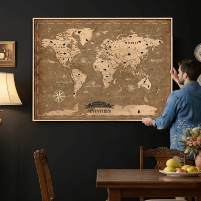 16235283-MGV-CV-36X24 - Custom World Travel Map Wall Art with Pins, Family Travel Tracker, Living Room and Bedroom Decor