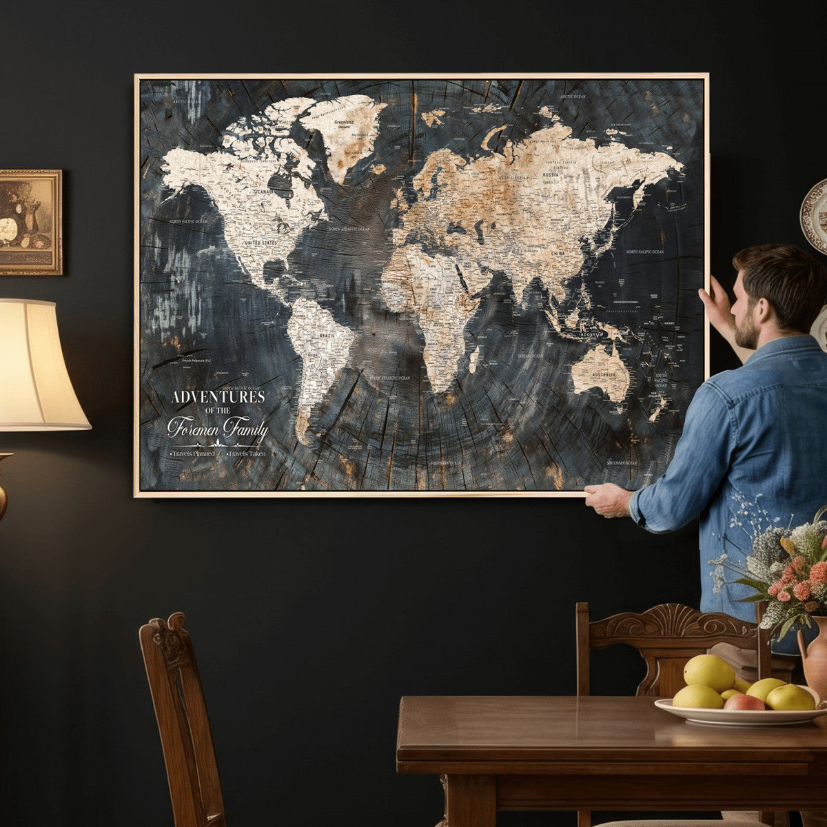 Personalized Framed Beige Push Pin World Map Canvas Print, Bucket List Map, Living Room and Hallway Decor