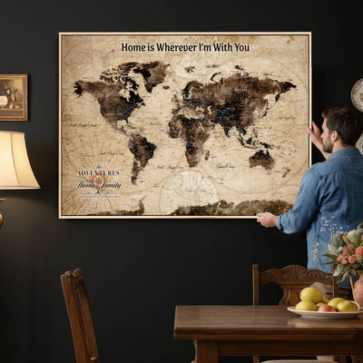 Personalized Framed Beige Modern World Travel Map Wall Art with Pins, Family Adventure Map, Living Room and Hallway Decor