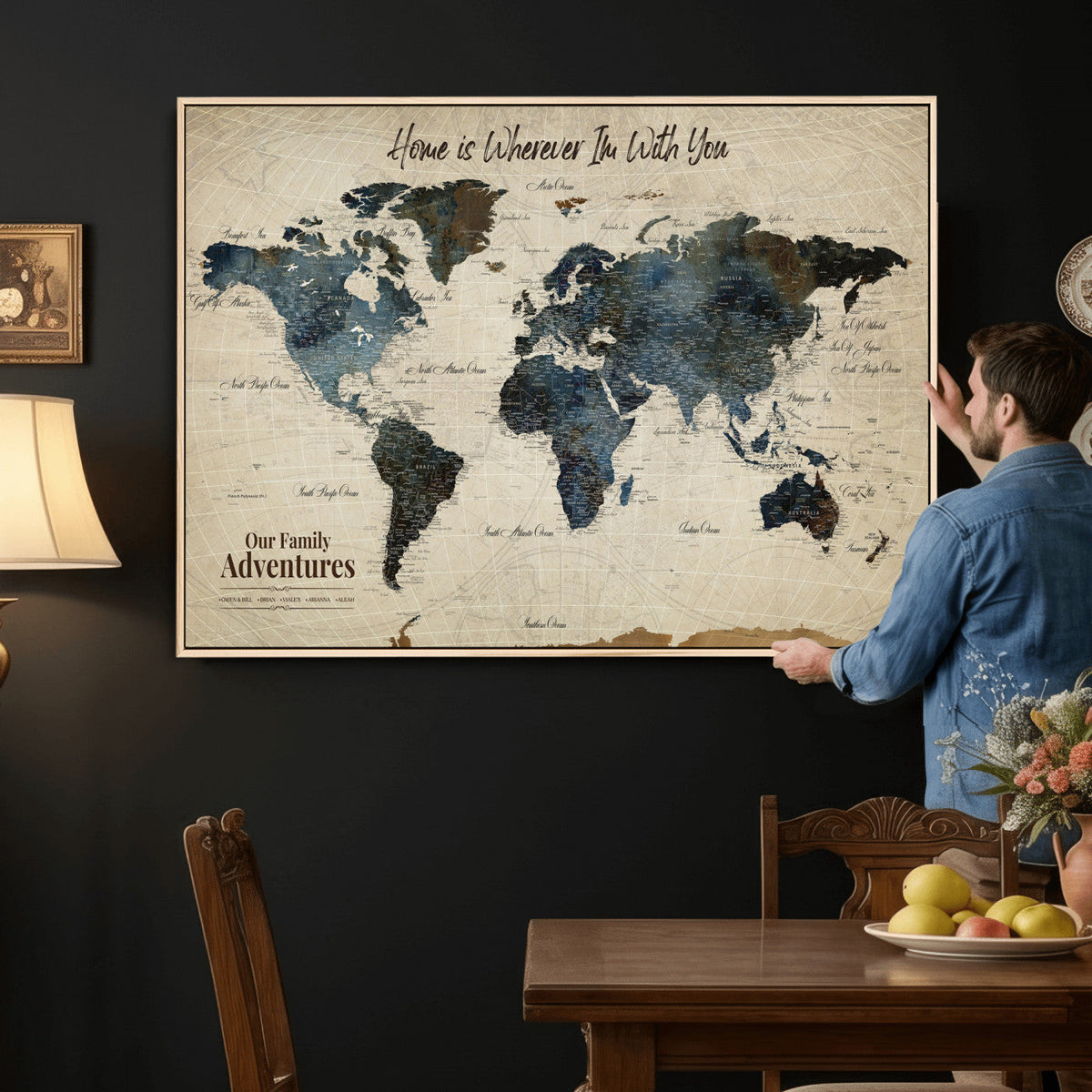 Personalized Framed Black Modern Push Pin Travel Map Canvas Print, Family Travel Tracker, Home Office and Entryway Decor