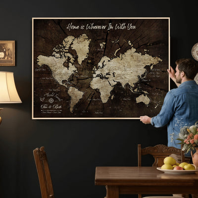 Personalized Watercolor Push Pin World Map Canvas Wall Art, Custom Framed Travel Map - NEWMAP-094