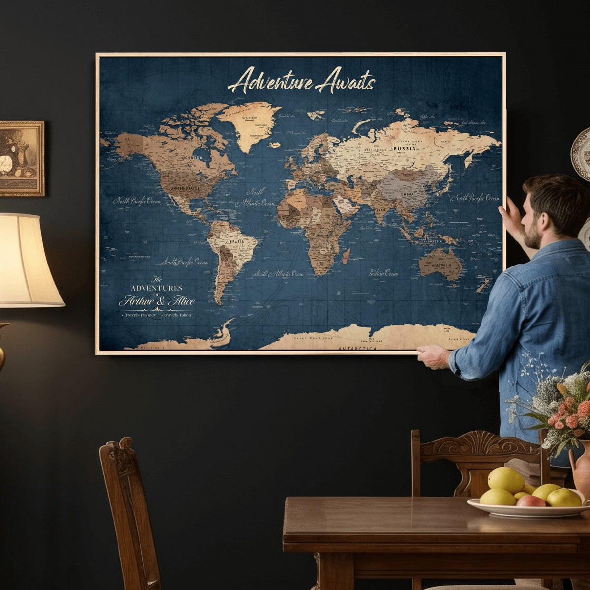 Personalized White Vintage World Travel Map Wall Art with Pins, Next Trip Planner Map, Family Room and Dining Room Decor
