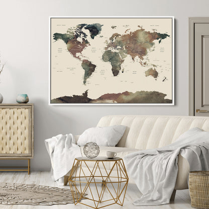 Push Pin World Map Canvas Print – Framed Wall Art for Couples to Track Their Travels – Anniversary Gift or Home Adventure Decor
