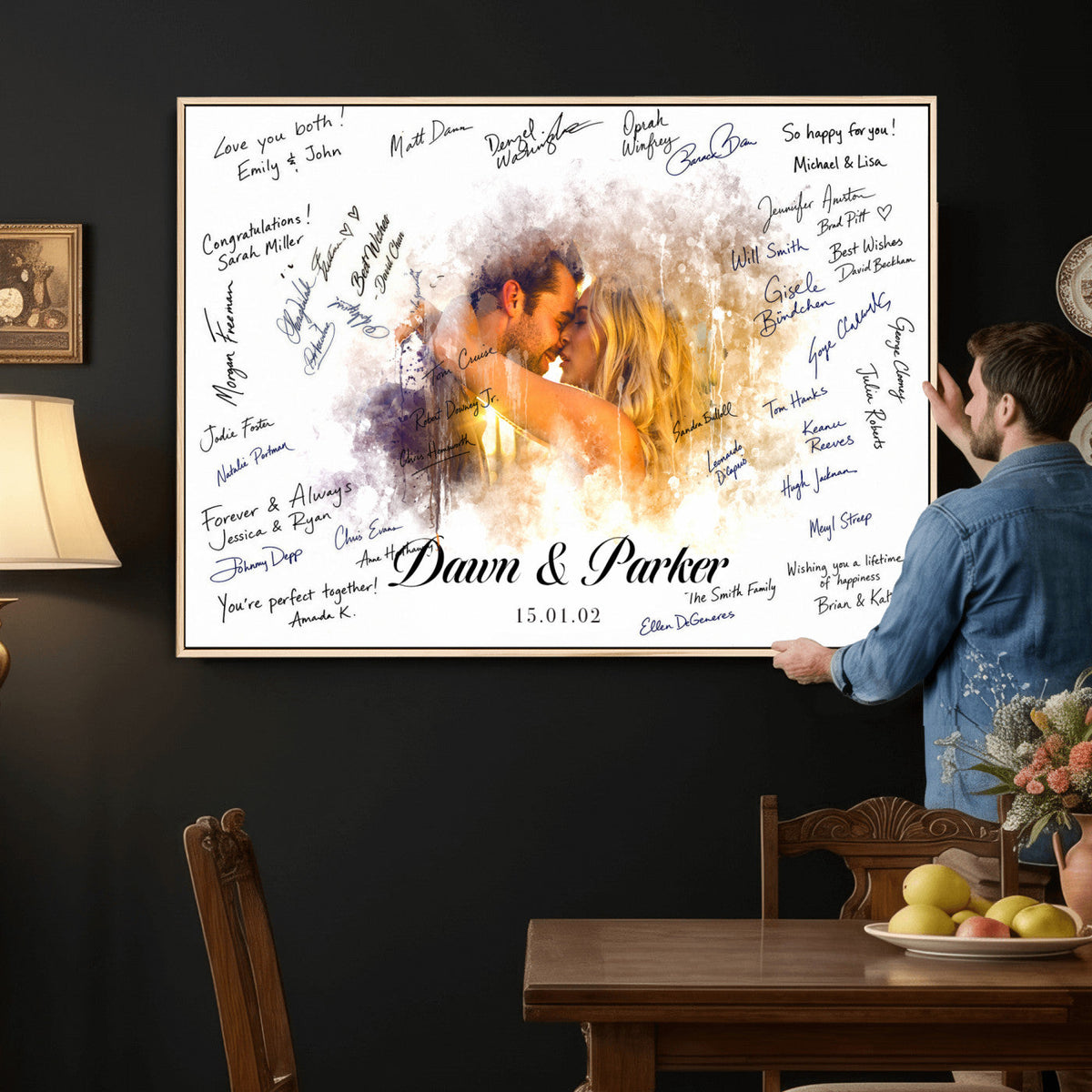 74713307-MGV-CV-36X24 - Wedding Guest Book Alternative Wall Art Canvas Print, Personalized Couple Photo Guestbook Wedding Signature Poster, Custom Couple Photo Guestbook Canvas, Bridal Shower Reception Decor