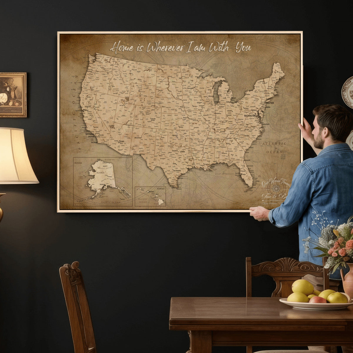 21454917-MGV-CV-36X24 - Personalized USA Push Pin Travel Map, Custom United States Map, Push Pin Map, USA Bucket List Map, Anniversary Gift | Couple Travel Map Wall Art